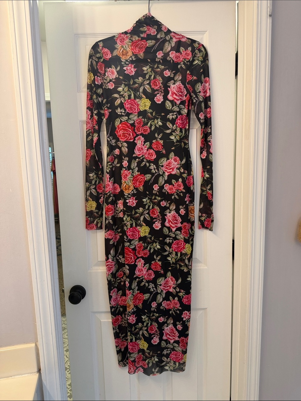AFRM Black Floral Long-Sleeve Mesh Turtleneck Dress - Picture 3 of 3
